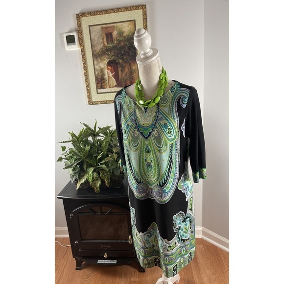 Sandra Darren Dress 12 Blue Green Knee Length Collarless Short Sleeve - Picture 2 of 10